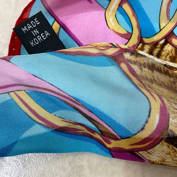 100% Silk Scarf Blue brown Equestrian Horse Bits Chain Print multifunctional - Picture 5 of 10